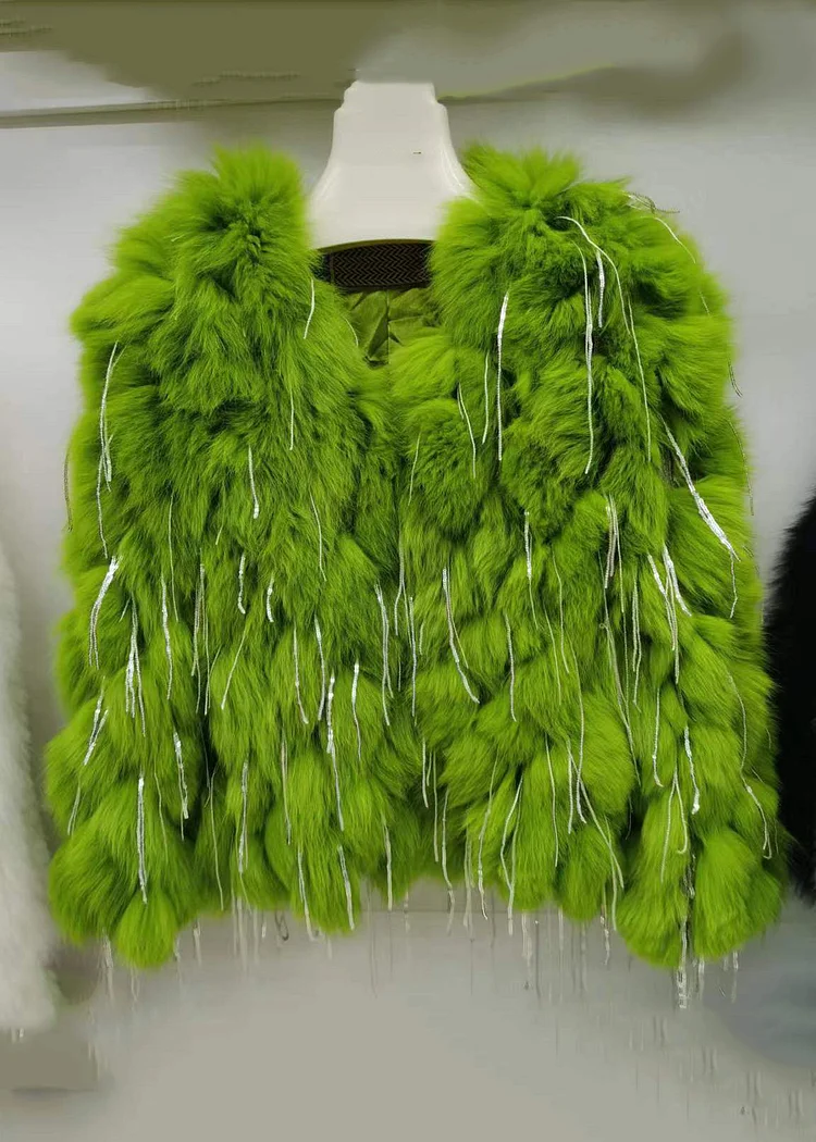 Chic Green Tasseled Original Design Leather And Fur Coats Spring