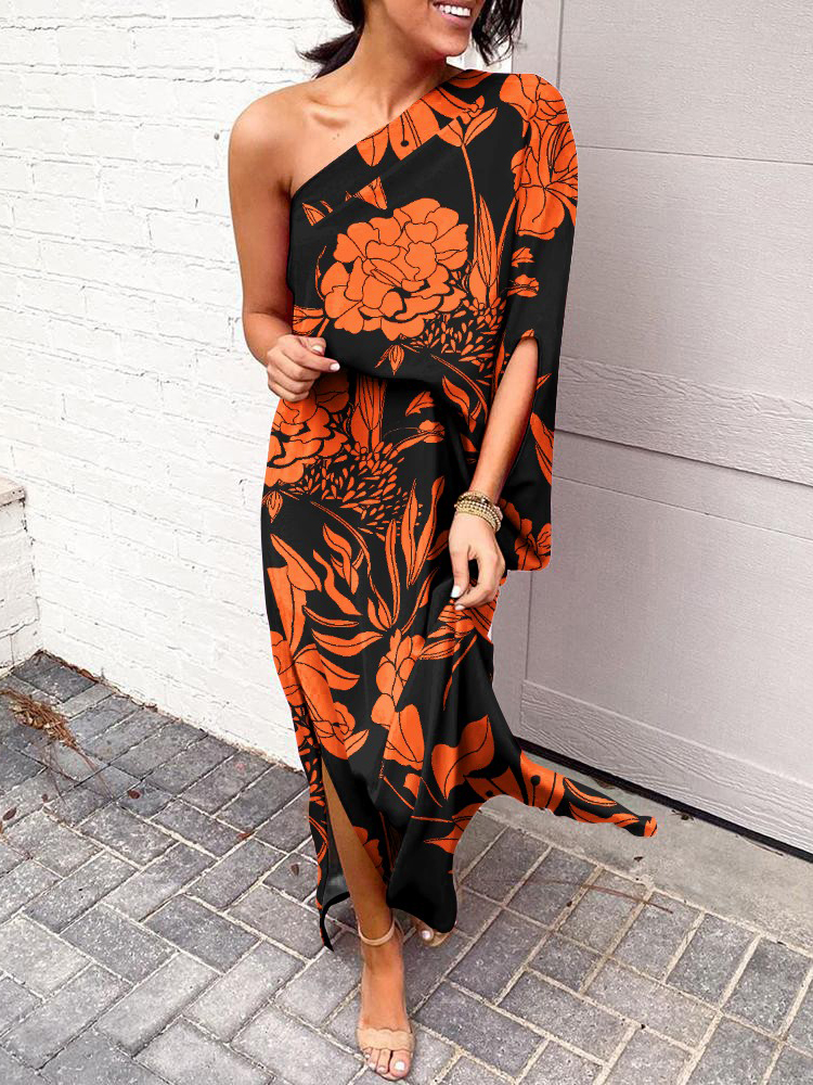 Bohemian Fashion One-Shoulder Slit Print Maxi Dress