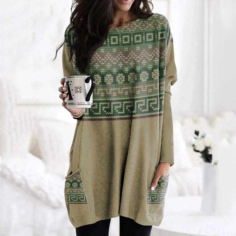 Vefave Vintage Fellman Island Sweater Textured Pocket Tunic
