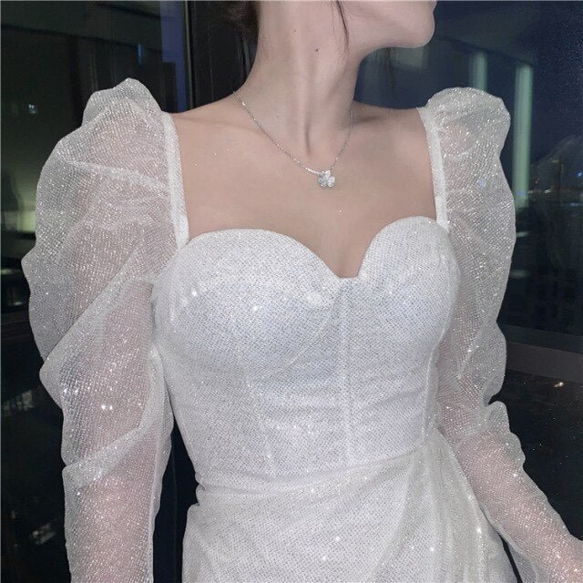 White Mesh Sequin Bubble Sleeve Prom Dress BE689