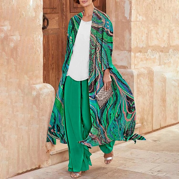 VChics Chiffon Printed Kimono Casual Pants Two-piece Set