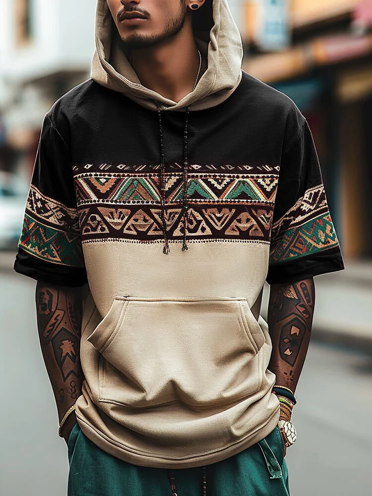 Men's Retro African Tribal Print Hooded T-Shirt