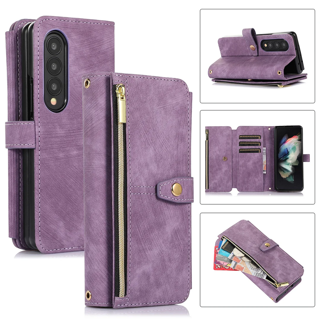 Luxury Retro Leather Crossbody Wallet Phone Case With 3 Cards Slot,Phone Stand And Zipper Slot For Galaxy Z Fold3/Fold4/Fold5