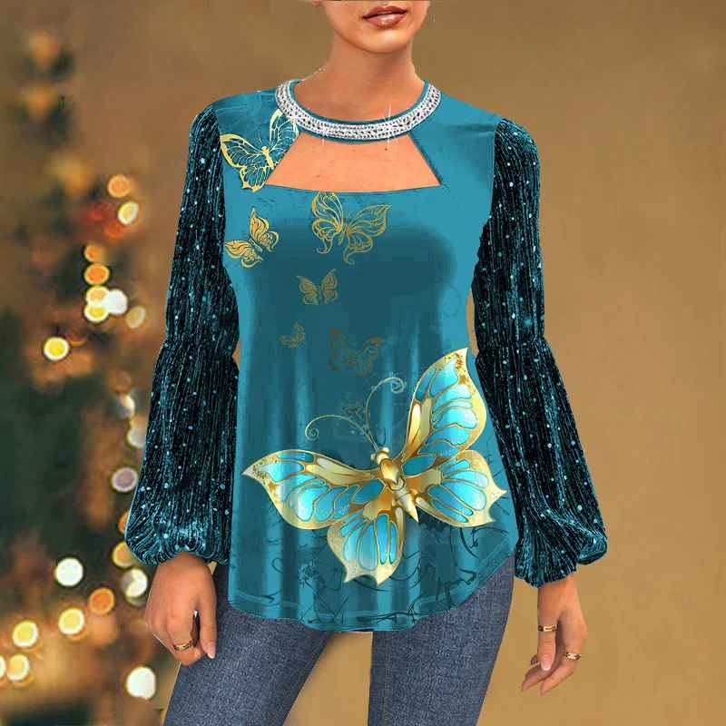 Butterfly Print Sequins Fashion Patchwork Halter Neck Casual Lantern Sleeves Velvet Tunic Tops