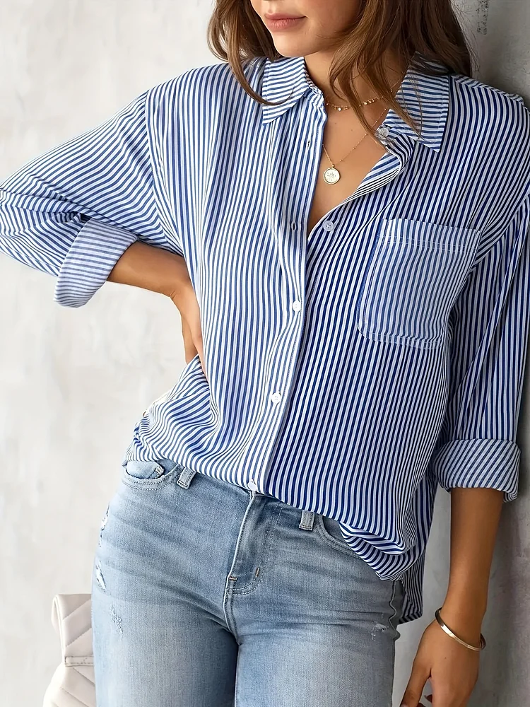 Striped Print Button Front Shirt, Casual Long Sleeve Shirt With Pocket, Women's Clothing