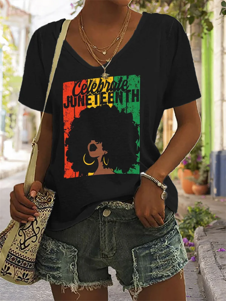 Celebrate Juneteenth V Neck T Shirt