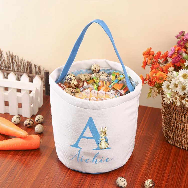 Easter Bunny Tote Bag Personalized Name & Letter Bucket Bag White Basket Gifts For Kids