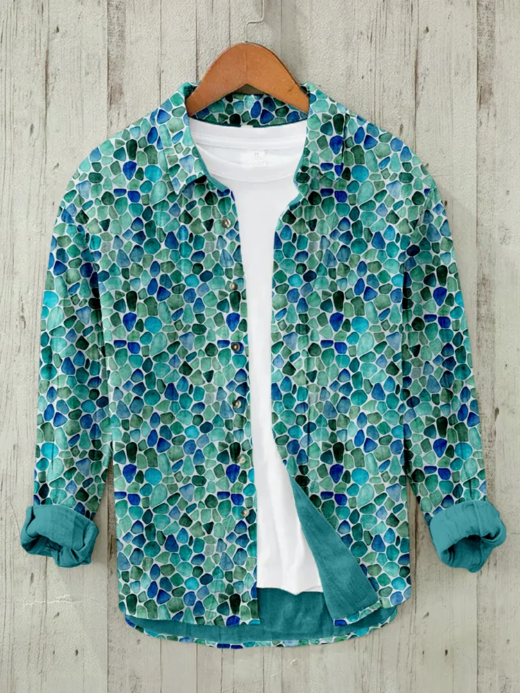 Comstylish Ocean Vibe Seaglass Watercolor Pattern Linen Blend Blouse