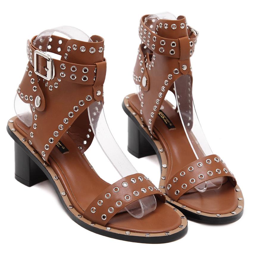VCSHOES Hasp Rivets Open Toe Ankle Wraps Cut Out Low Chunky Heels Sandals