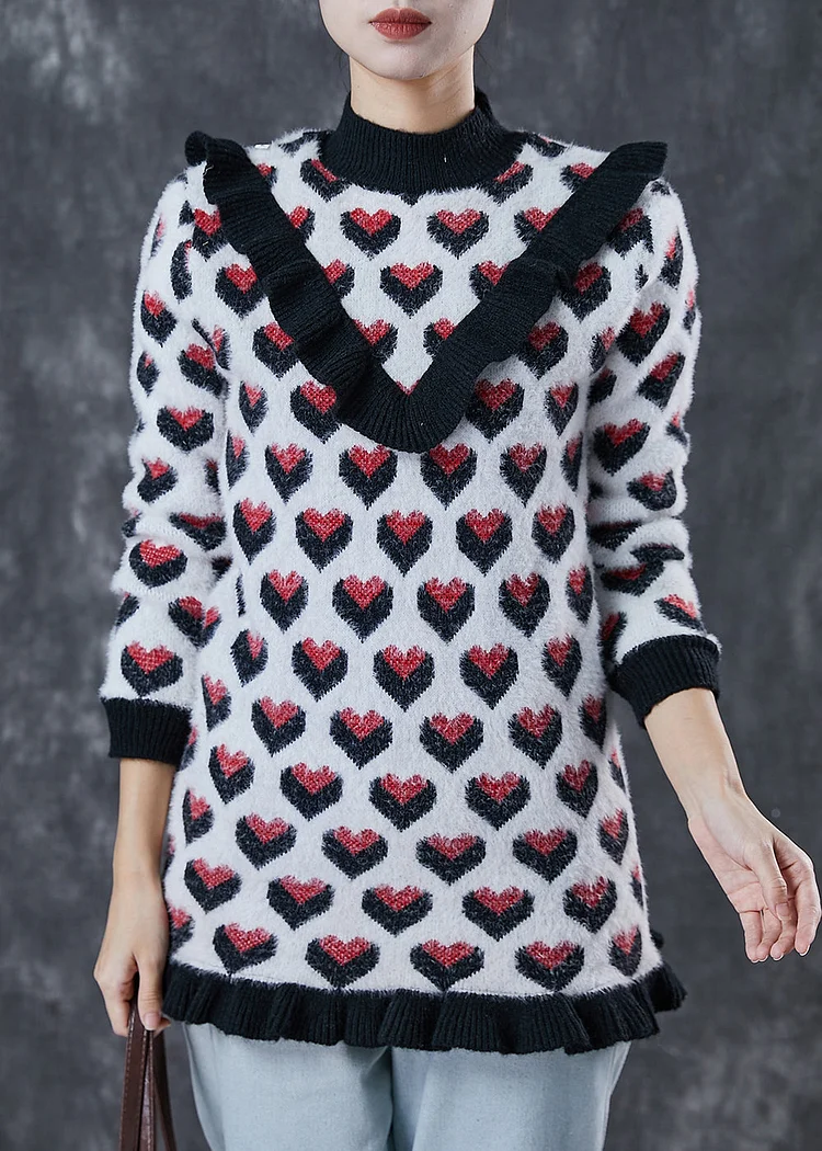 Classy Black Love Print Ruffled Patchwork Knit Sweater Winter