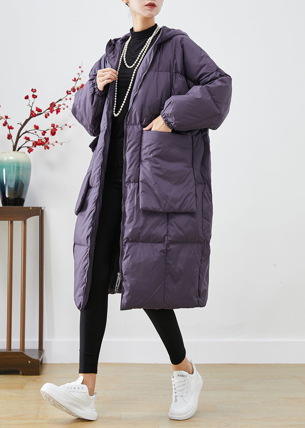 Purple Quilted Zip-Up Down Jacket with Drawstring Waist main image 1