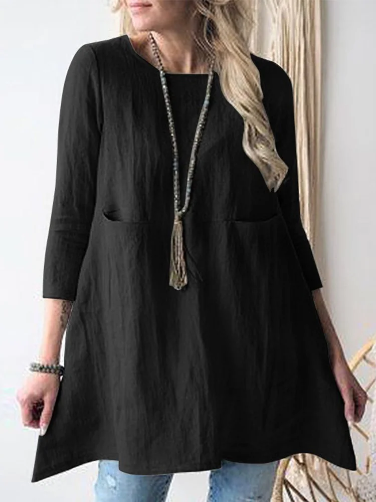 Simple Pocket Loose Round Neck Cotton And Linen Shirt