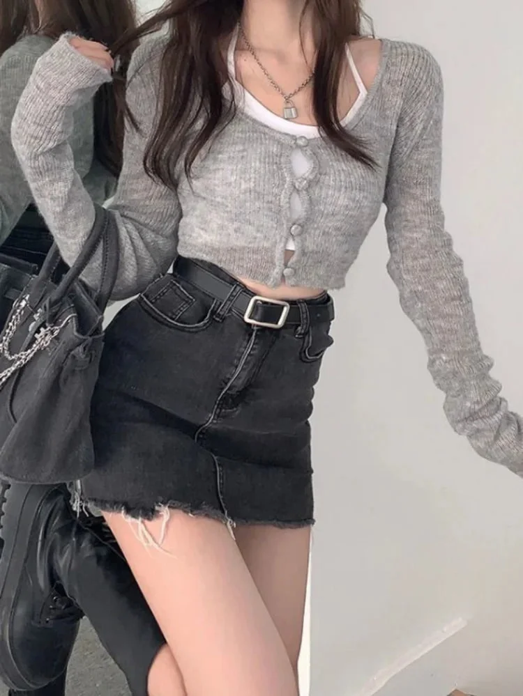 Tlbang Aesthetic Grey Solid Crop Cardigan Hollow Out All Match Slim Basic Knitted Harajuku 2024 Spring Casual Tops Women