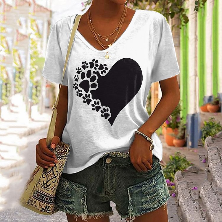 Comstylish Paw Love Print Short Sleeve T-Shirt