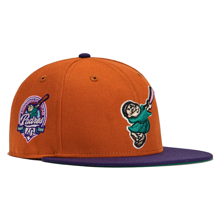 Exclusive New Era 59Fifty Cactus Fruit San Diego Padres 40th Anniversary Patch Friar Hat- Burnt Orange, Purple QueenFunky