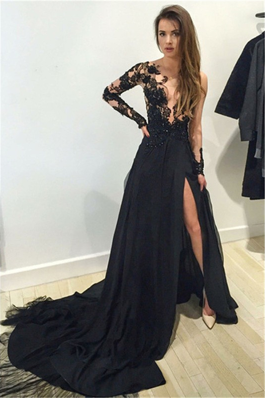 Dresseswow Long Sleeves Black Prom Dress Appliques With Slit