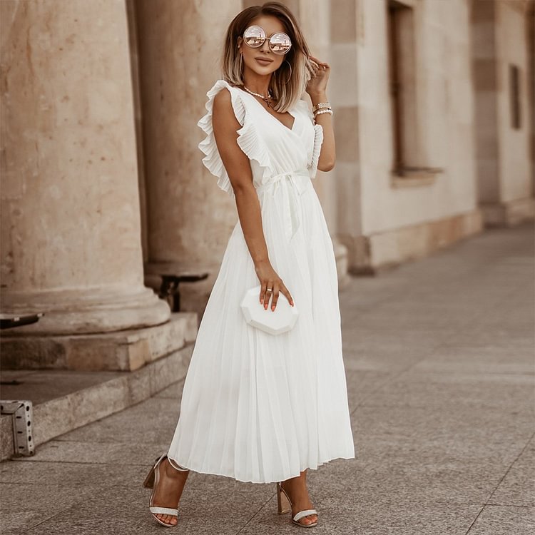 Solid Color V Neck Elegant Drawstring Lace up Chiffon Dress - Chicaggo