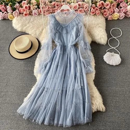 Princess Fairy Pastel Mesh Applique Gauze Flare Sleeve Dress SP16636