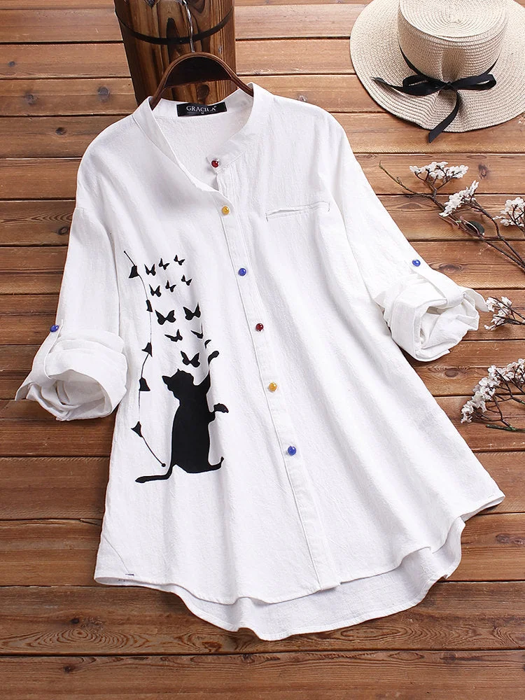 Women's Collared Neck Cat Print Long Sleeves Tops