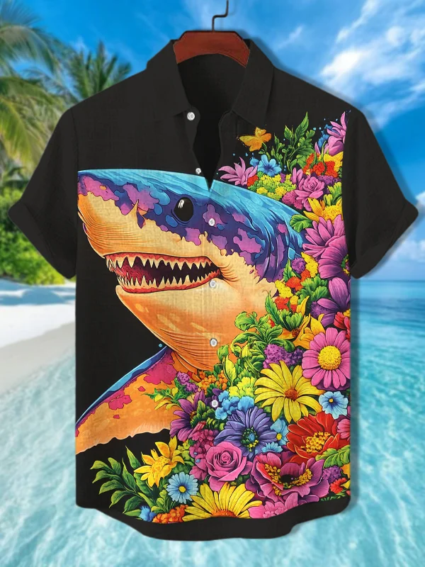 Men's Multicolor Flowers Shark Print Short Sleeve Shirt