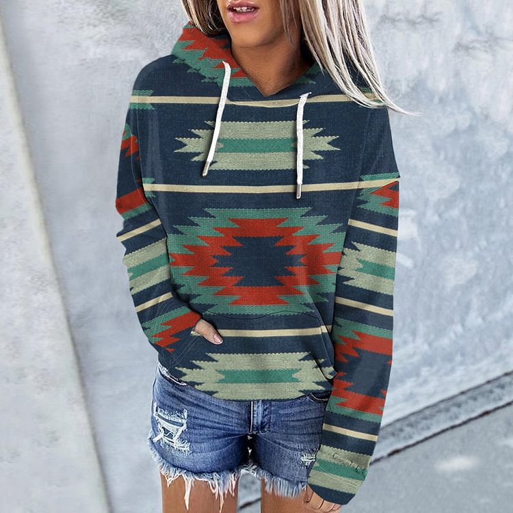 VChics Western Print Long Sleeve Pocket Casual Hoodie