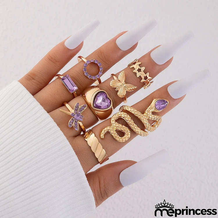 Women Fashion Simple Purple Butterfly Star Snake Ring Eight-Piece Set