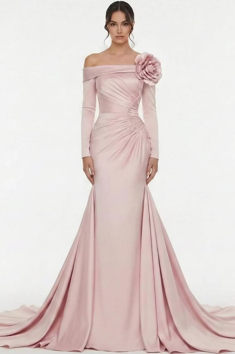 Lussooy Glamorous Off the Shoulder Long Sleeves Long Evening Dress with Sweep