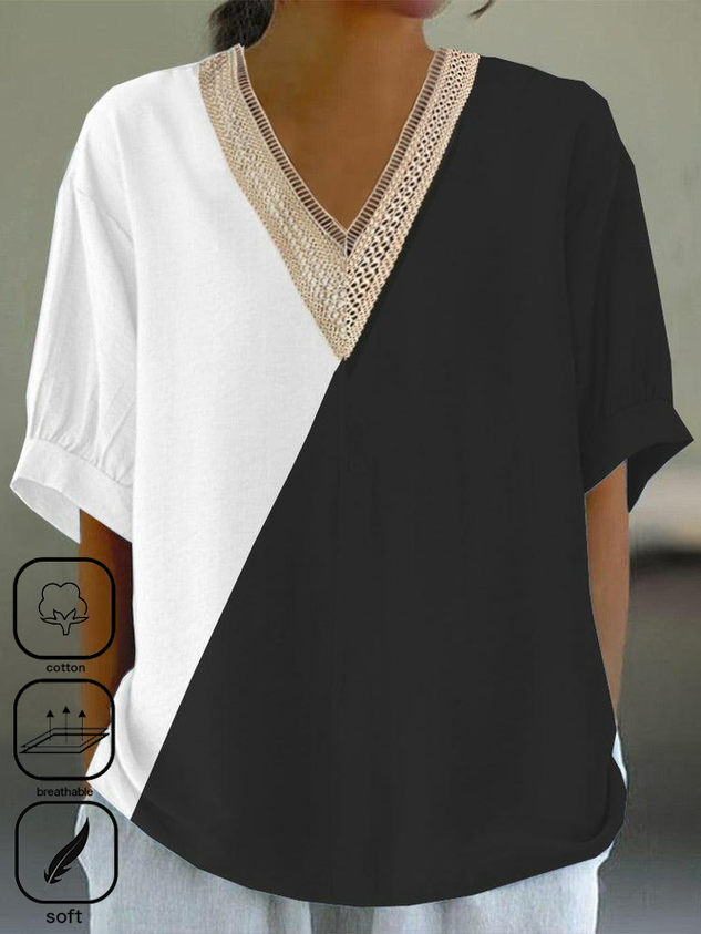 Black And White Colorblock Casual Cotton Shirt socialshop