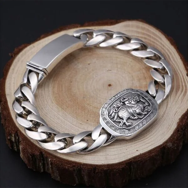 Sterling Silver Qilin Curb Chain Bracelet