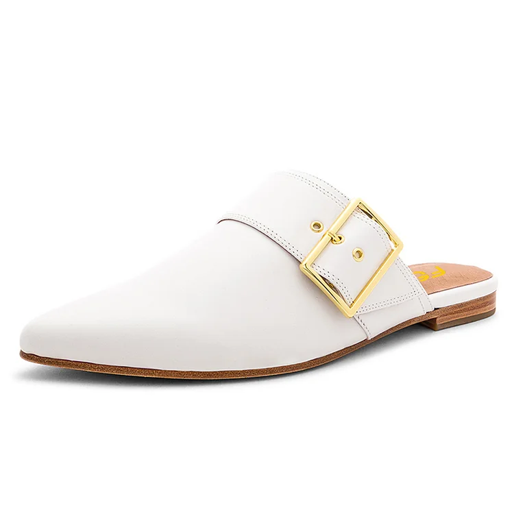 White Pointed Toe Buckle Comfortable Flat Mules for Women |FSJ Shoes