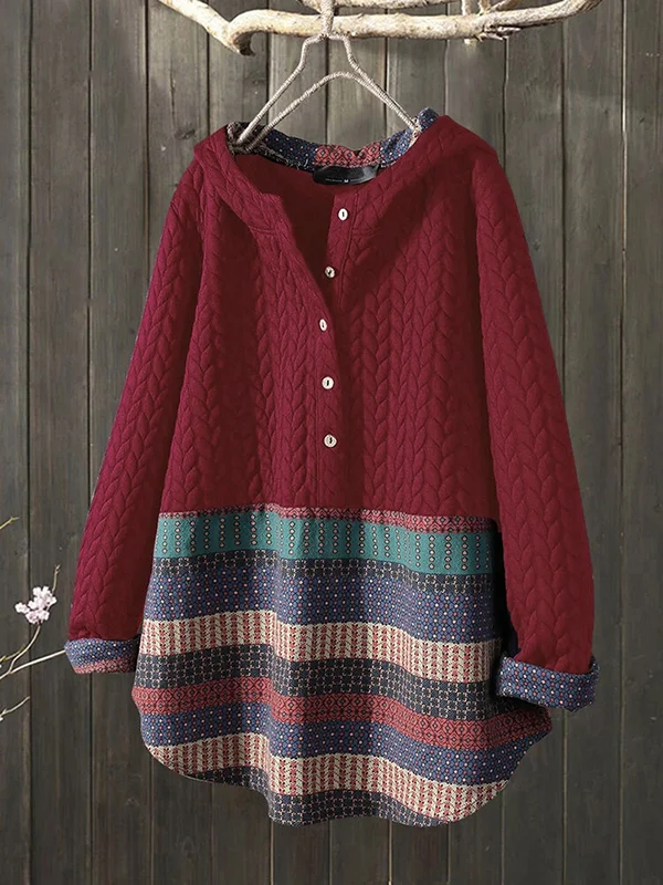 Vintage Long Sleeves Roomy Buttoned Contrast Color Striped Hoodies Tops