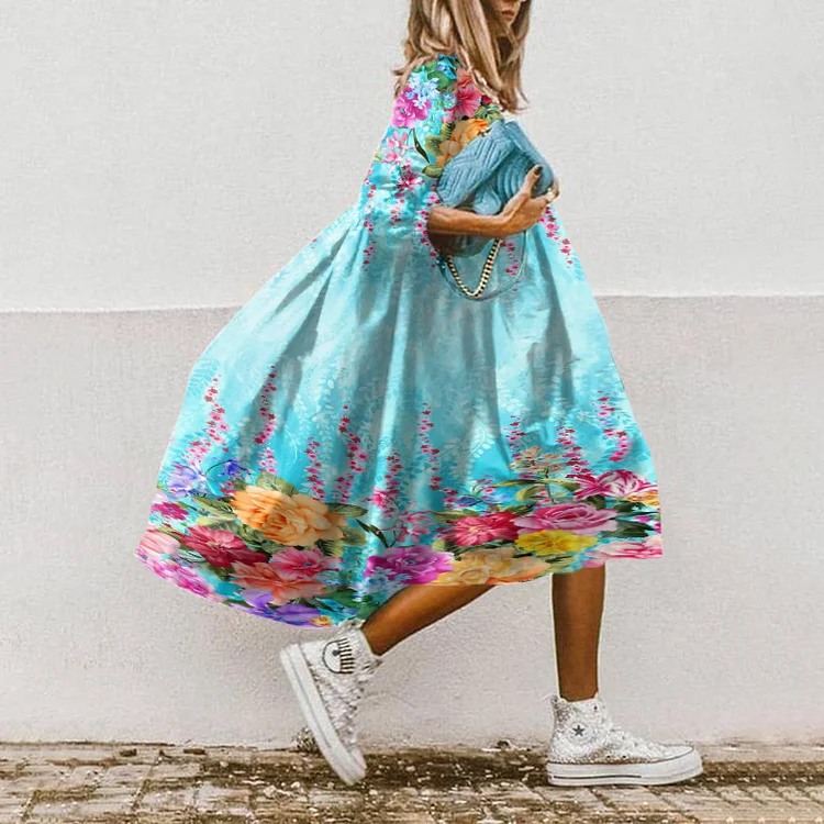 Vefave Floral Print Casual Midi Dress