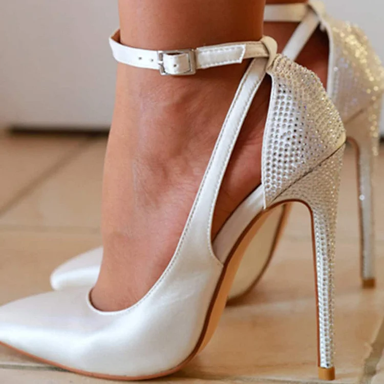 Ivory Ankle Strap Heels Pointed Rhinestones Satin Pump Evening Shoes |FSJ Shoes