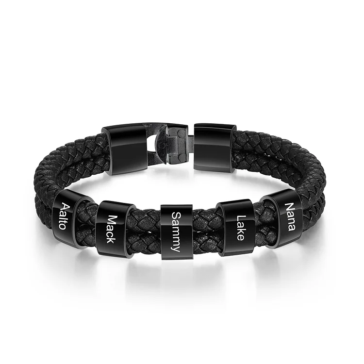 Men Leather Braided Bracelet with Beads Engraved 5 Names Black