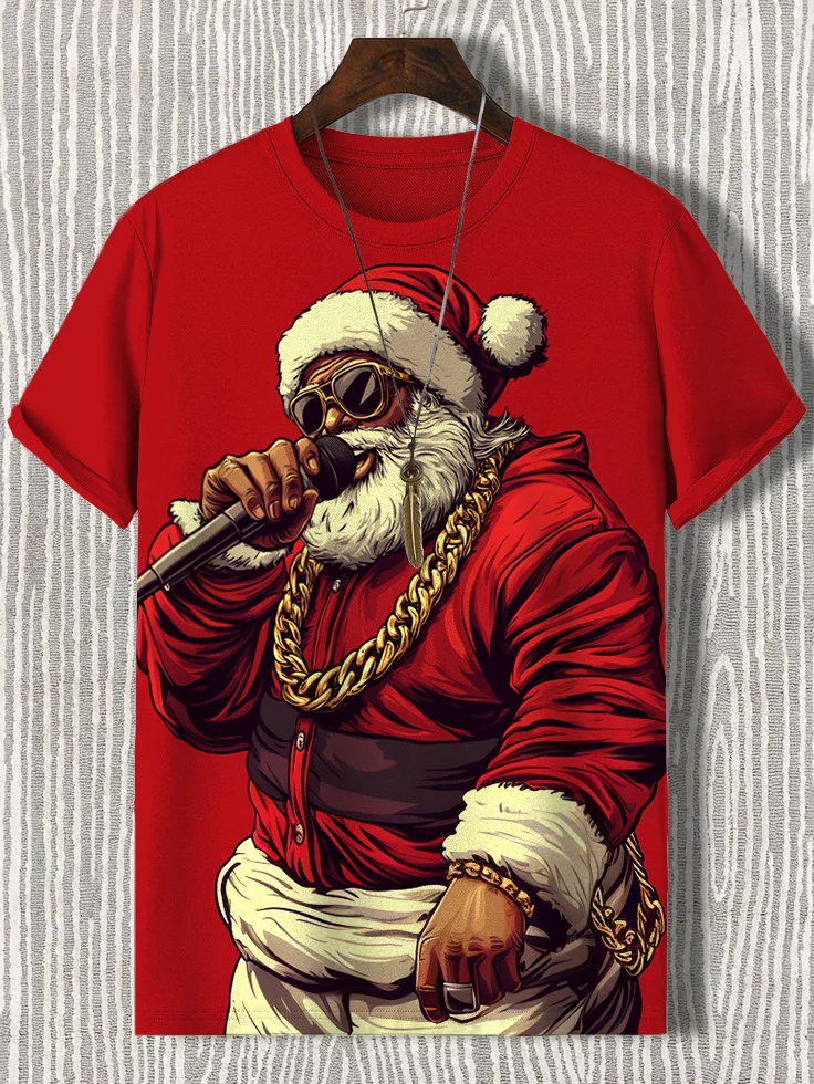 Men's Santa Claus Hip-hop Rapper Print Casual T-Shirt
