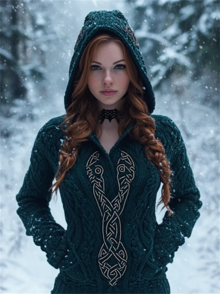 Vintage Norse Celtic Cozy Chunky Hooded Sweater