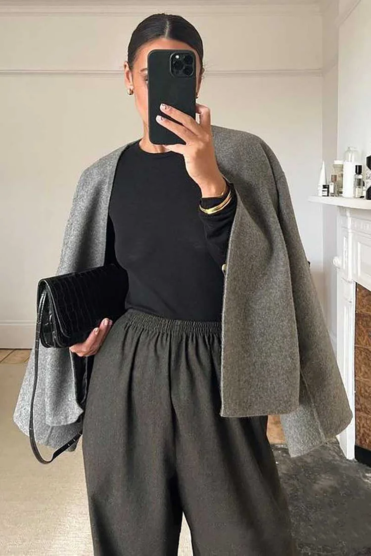 Open Front Long Sleeve Loose Fit Plain Woolen Cardigan-Grey
