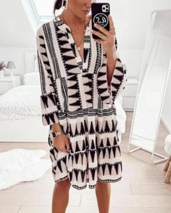 geometric print 3 4 sleeves shift knee length casual vacation dresses p404950