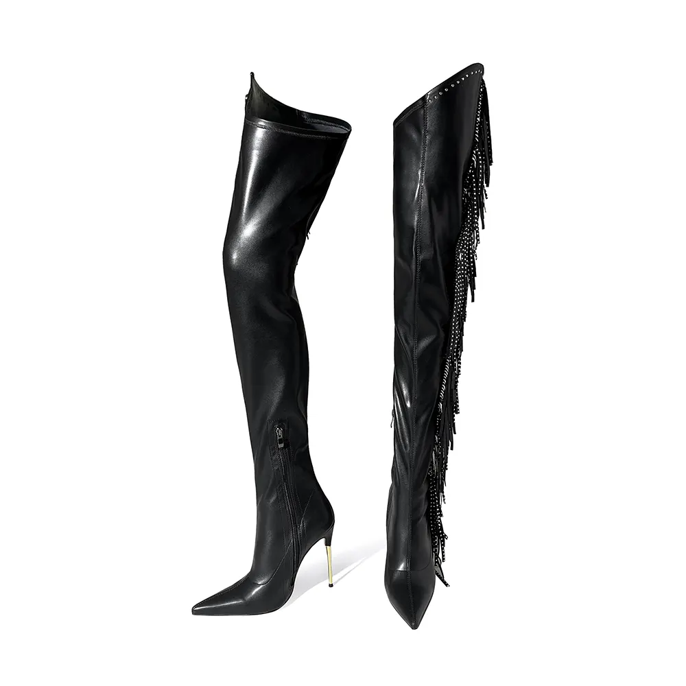 VCSHOES Pointed Toe Metal Heel Tassels Thigh High Boots Zipper Super High Heel Crystal Modern Boots