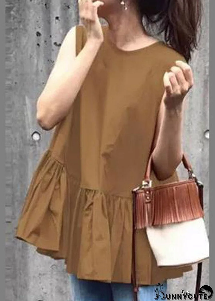 Women Camel O-Neck Ruffled Patchwork Solid Tops Summer