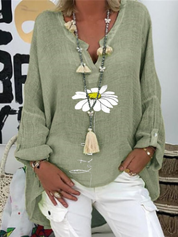 Daisy Floral Printed V neck Long Sleeve Blouse P1686462