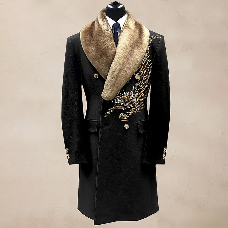Casual Contrast Binding Button Long Sleeve Windproof Fur Collar Overcoat