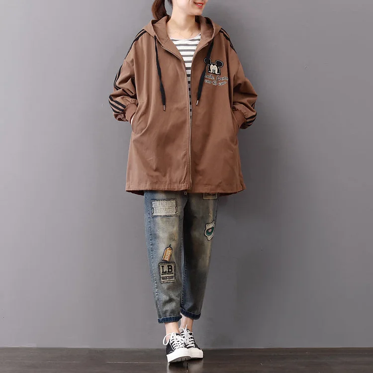 vintage dark khaki Midi-length cotton coats oversize cotton fine zippered hooded natural cotton coat