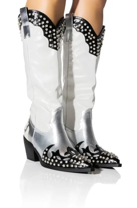 Cowboy Boots Knee High Long Boots Embroidered Silver White Rhinestone Rivet Fairy Chunky Heels Women Shoes Boats