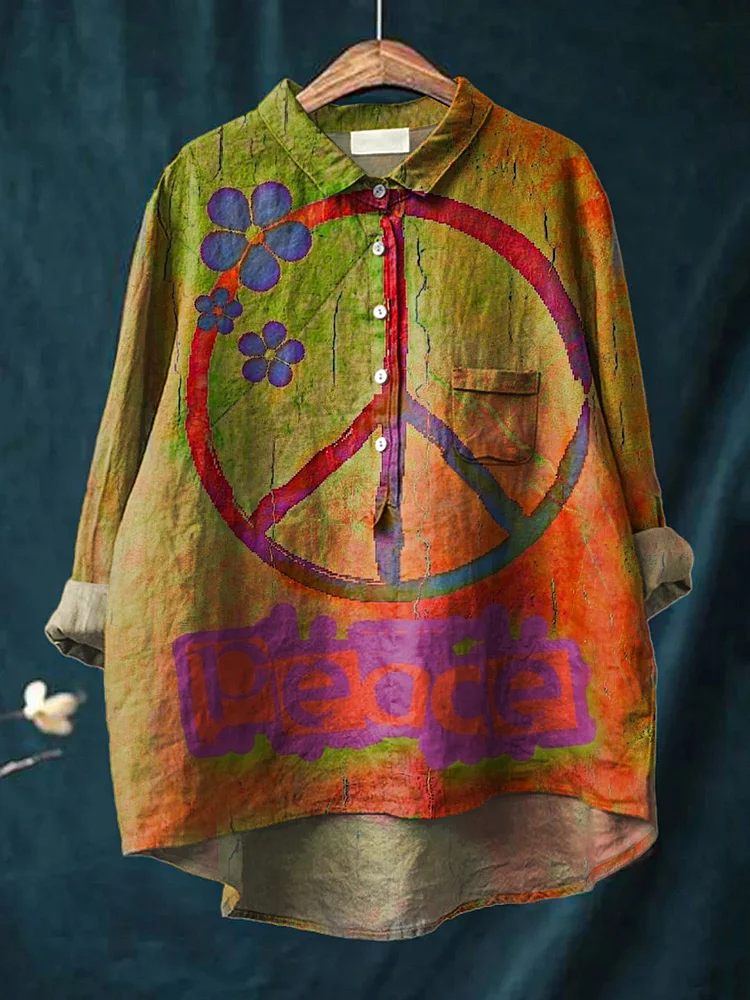 Women's Rainbow Color Retro Gradient Peace Sign Print Casual Cotton And Linen Shirt socialshop