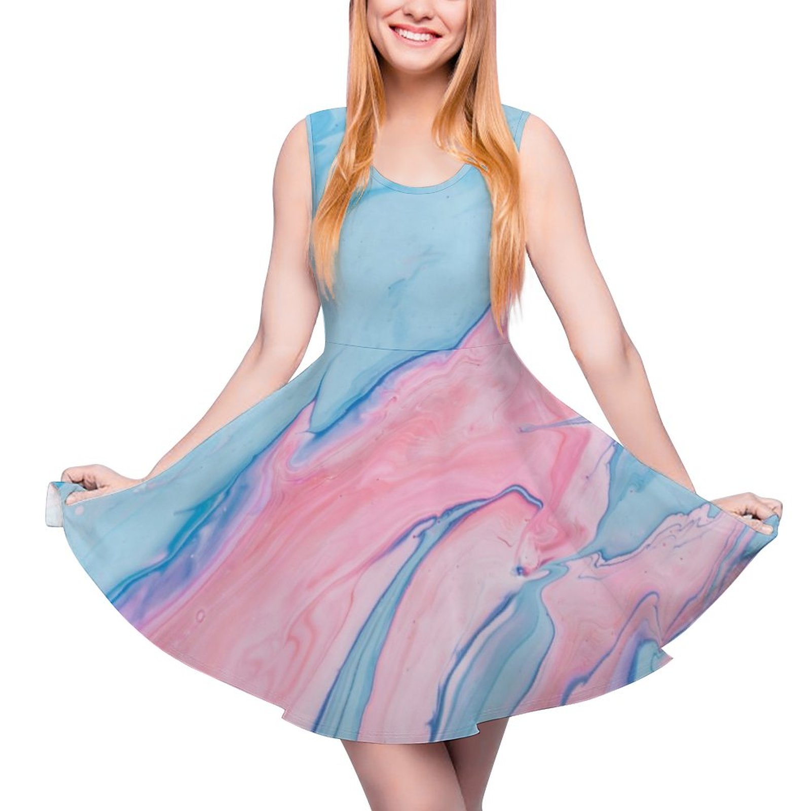 Pretty Pastel Poured Paint Crewneck A-line Skater Dress