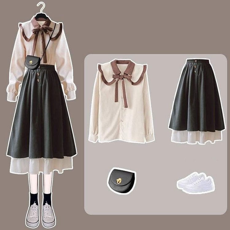 Cottage Dark Academia Beige Blouse Double Skirt Set SP15987