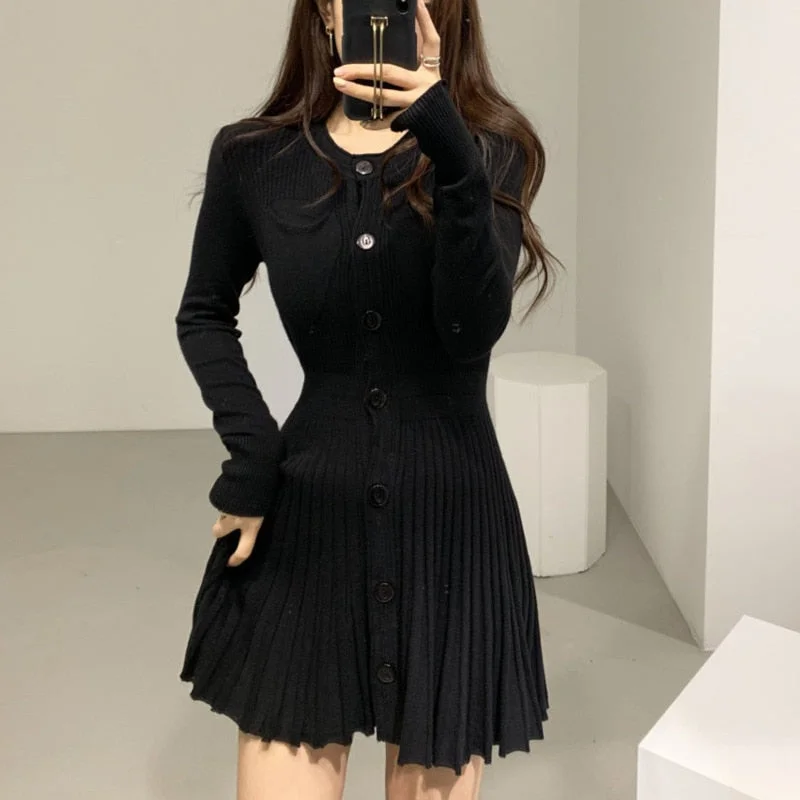 Graduation Gifts   Korean Casual Single Breasted Knitting Mini Dress Women Autumn Winter Buttons Knitted Sweater Dress Pleated Robe Femme Vestidos