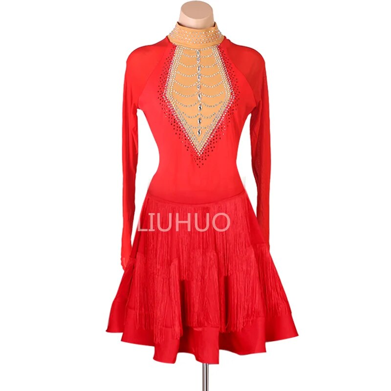 Red Color Latin Dance Dress Female Adult Professional Performance Competition Dress Double Sleeve Cha-Cha Samba Cowboy Custom