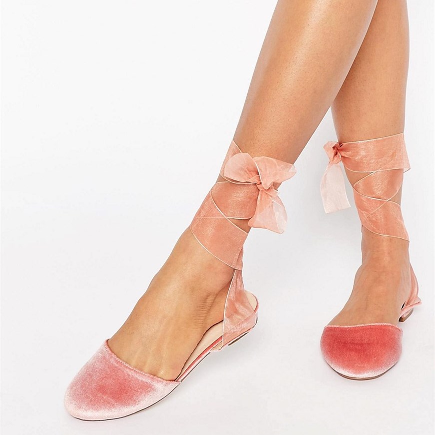 ◆OTZ SHOES◆ Tulear Velvet Flats FLOTDF3W05 Pink Velvet Round Toe Comfortable Flats Organza Strappy